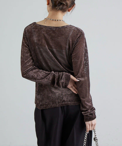 前抽褶天鵝絨套頭上衣