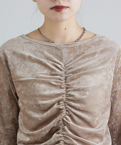 前抽褶天鵝絨套頭上衣