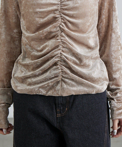 前抽褶天鵝絨套頭上衣