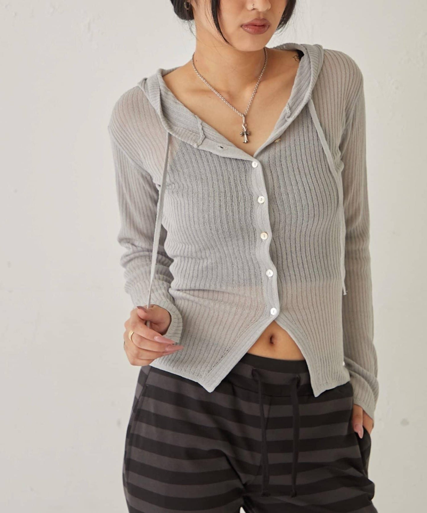 薄透羅紋針織 修身 連帽上衣