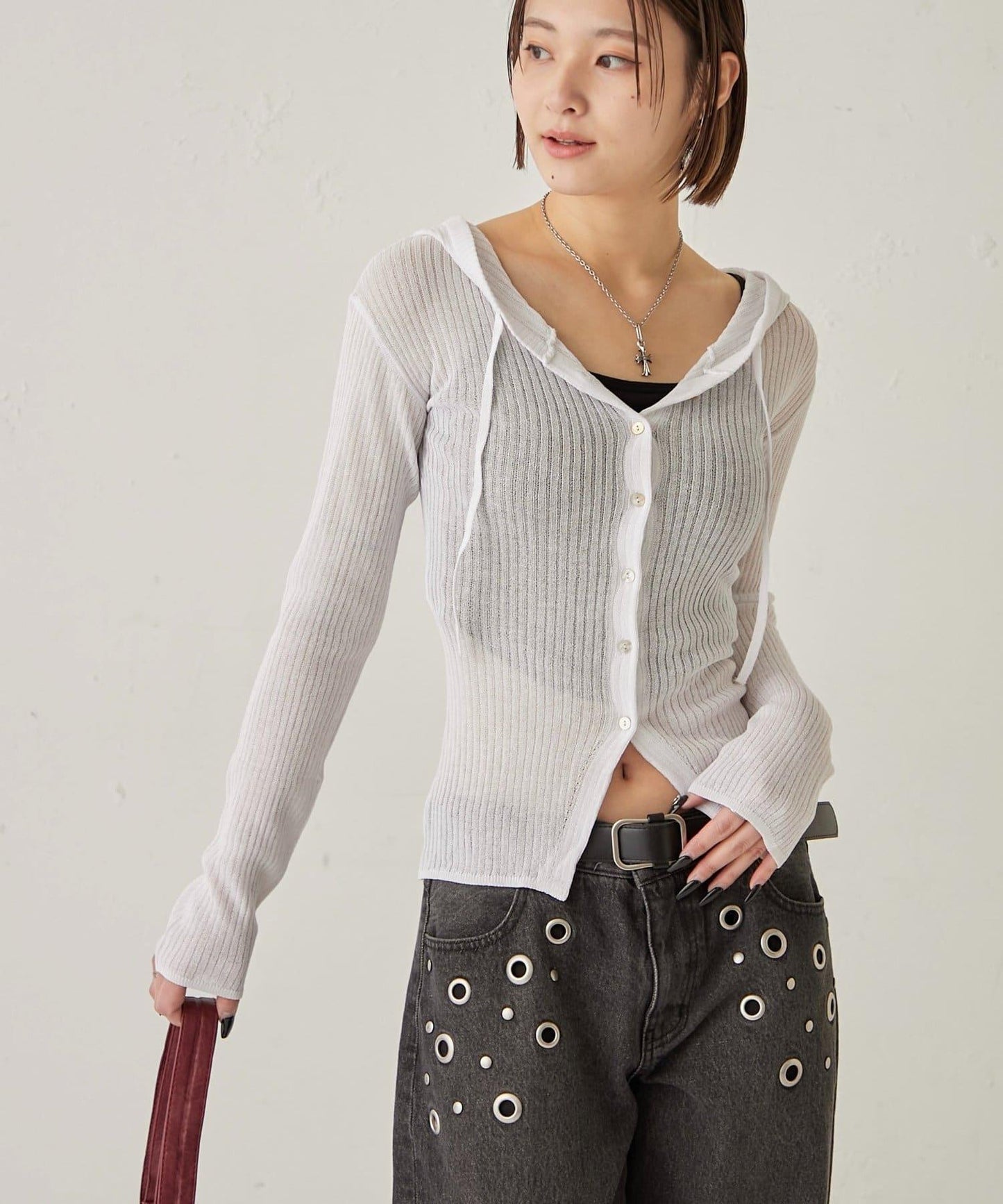 薄透羅紋針織 修身 連帽上衣