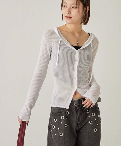 薄透羅紋針織 修身 連帽上衣