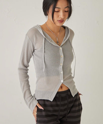 薄透羅紋針織 修身 連帽上衣