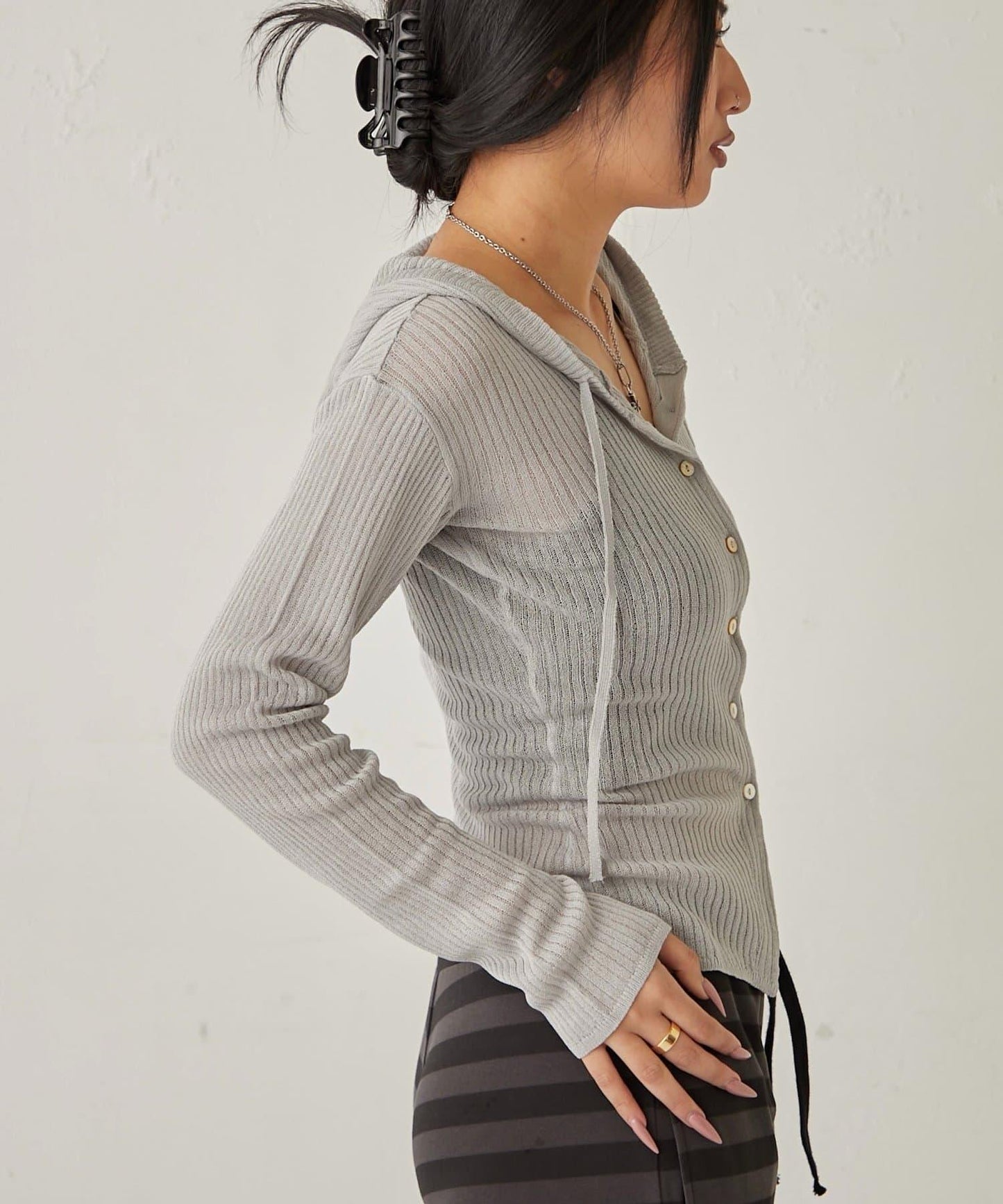 薄透羅紋針織 修身 連帽上衣