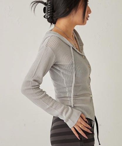 薄透羅紋針織 修身 連帽上衣