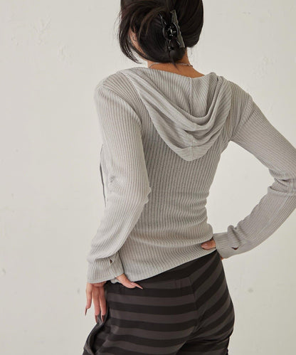 薄透羅紋針織 修身 連帽上衣