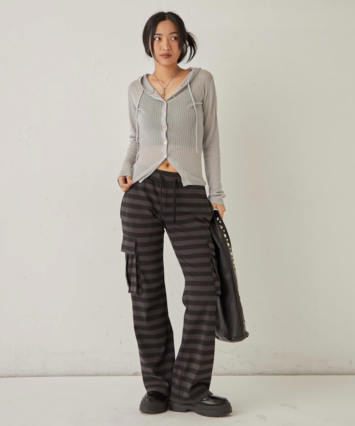 薄透羅紋針織 修身 連帽上衣