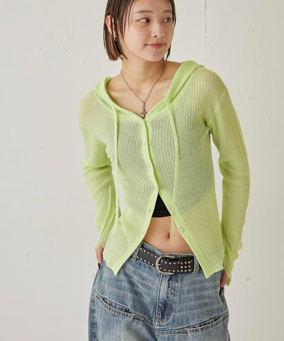 薄透羅紋針織 修身 連帽上衣