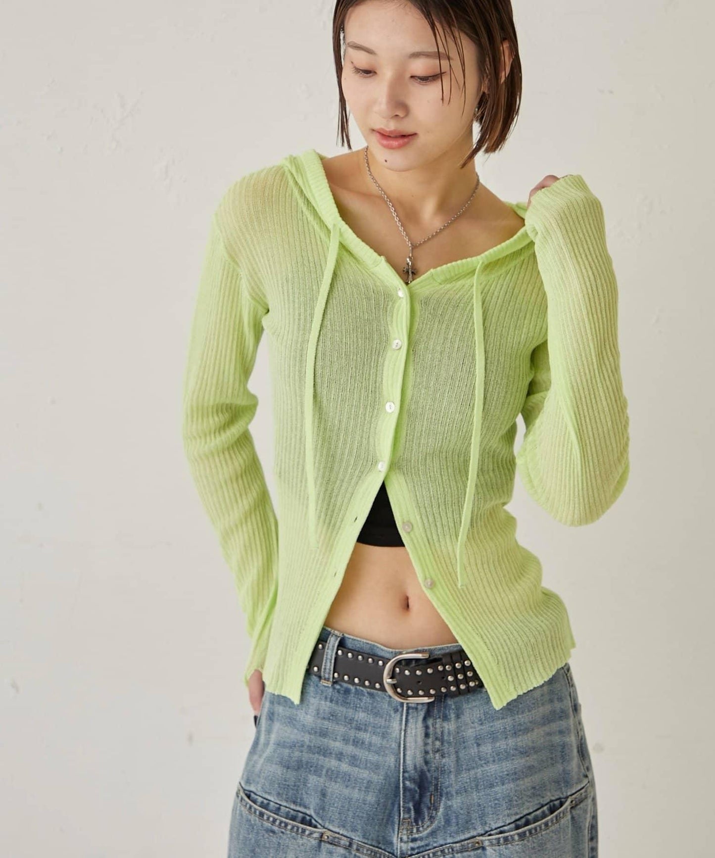 薄透羅紋針織 修身 連帽上衣