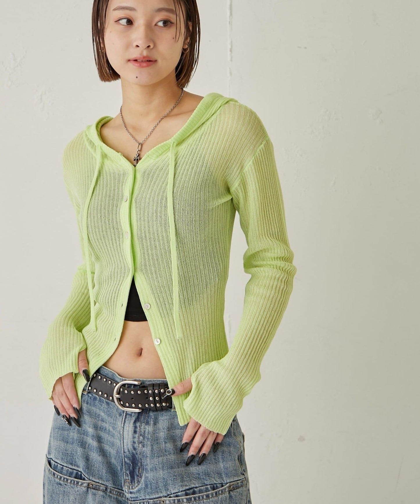 薄透羅紋針織 修身 連帽上衣