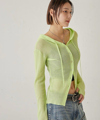 薄透羅紋針織 修身 連帽上衣