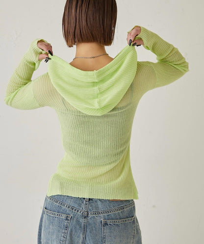 薄透羅紋針織 修身 連帽上衣