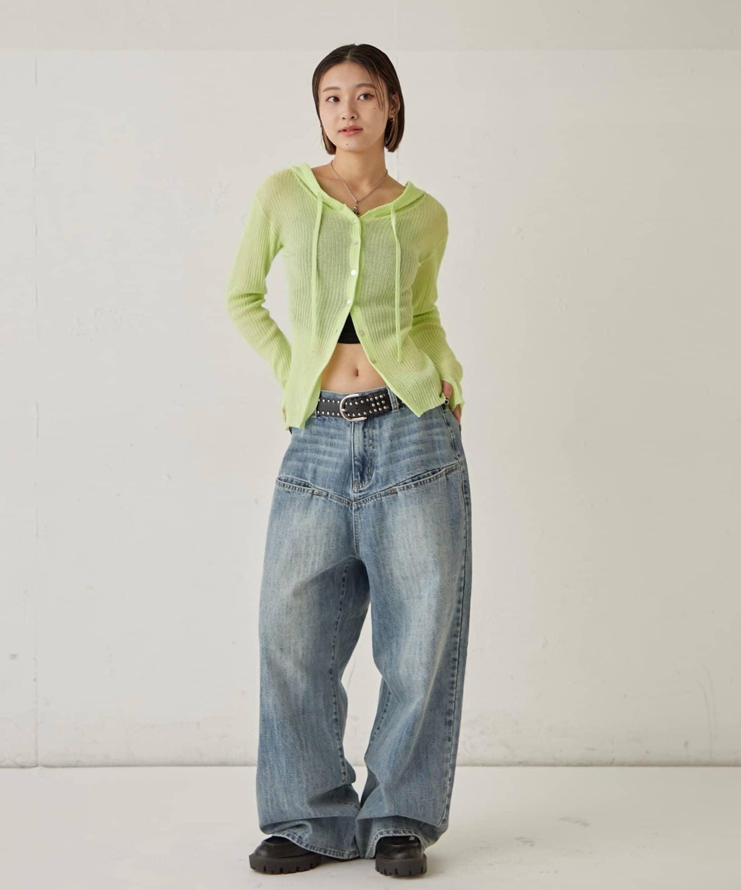 薄透羅紋針織 修身 連帽上衣