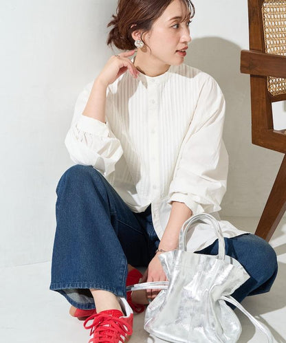 打褶寬鬆紐扣長袖襯衫