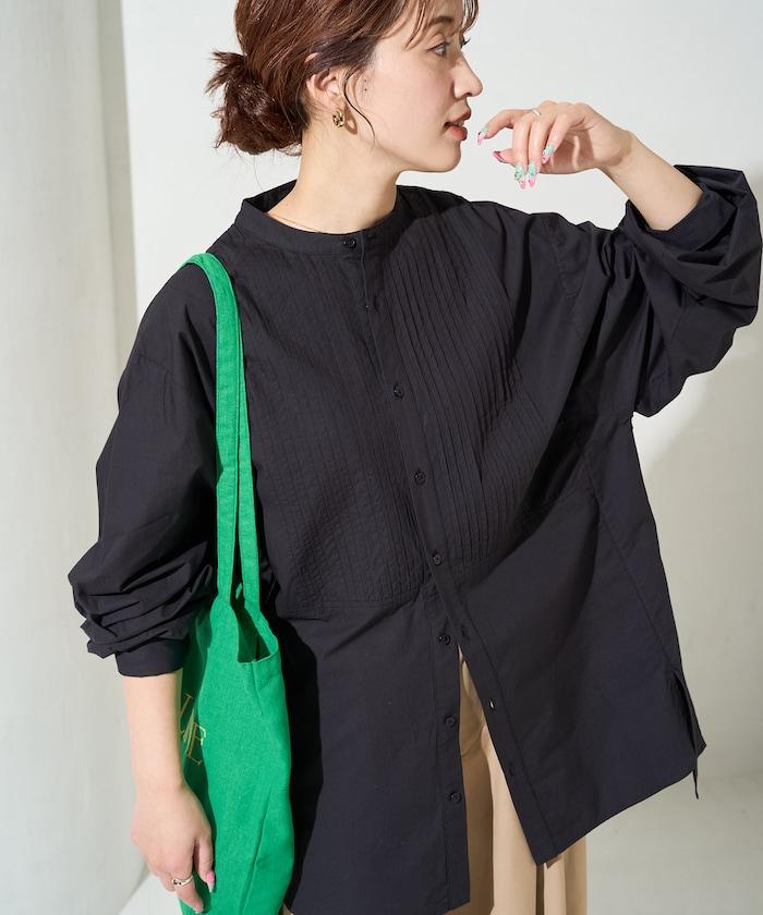 打褶寬鬆紐扣長袖襯衫