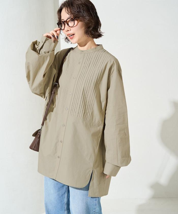 打褶寬鬆紐扣長袖襯衫