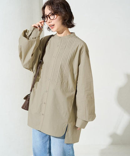 打褶寬鬆紐扣長袖襯衫