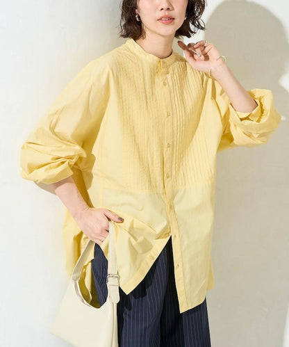 打褶寬鬆紐扣長袖襯衫
