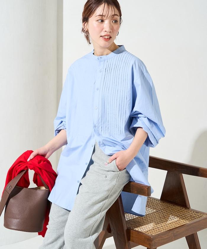 打褶寬鬆紐扣長袖襯衫