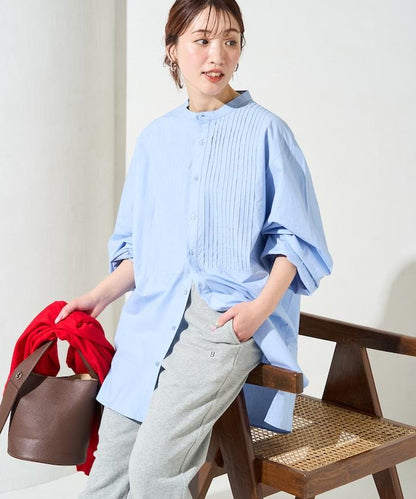 打褶寬鬆紐扣長袖襯衫