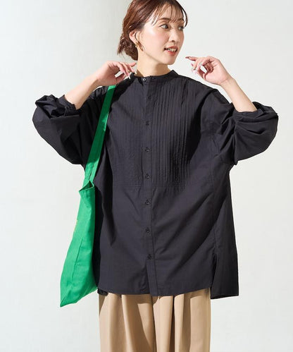 打褶寬鬆紐扣長袖襯衫