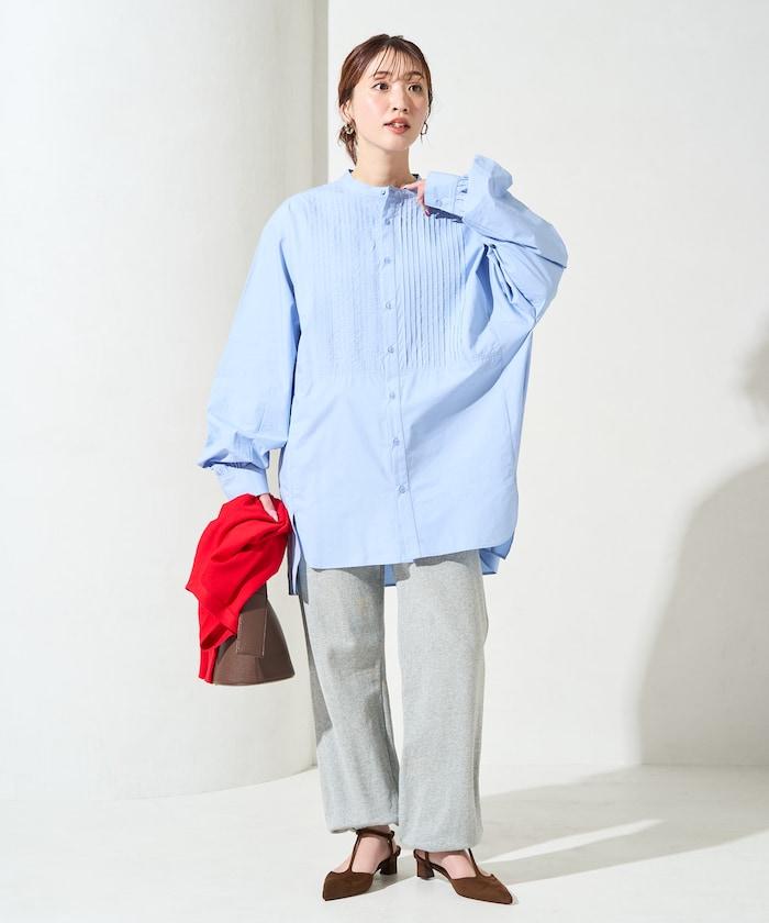 打褶寬鬆紐扣長袖襯衫