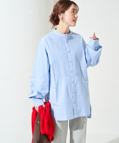 打褶寬鬆紐扣長袖襯衫