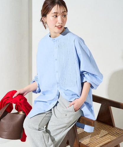 打褶寬鬆紐扣長袖襯衫