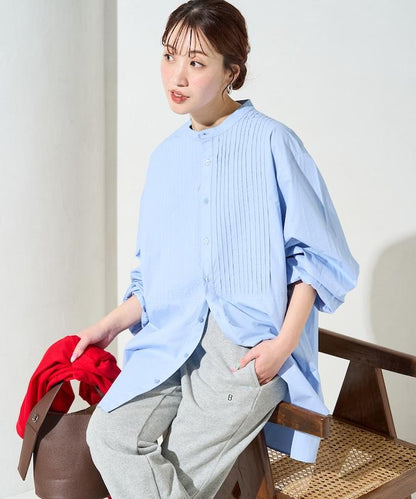 打褶寬鬆紐扣長袖襯衫