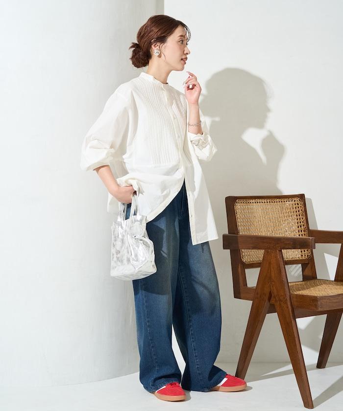 打褶寬鬆紐扣長袖襯衫