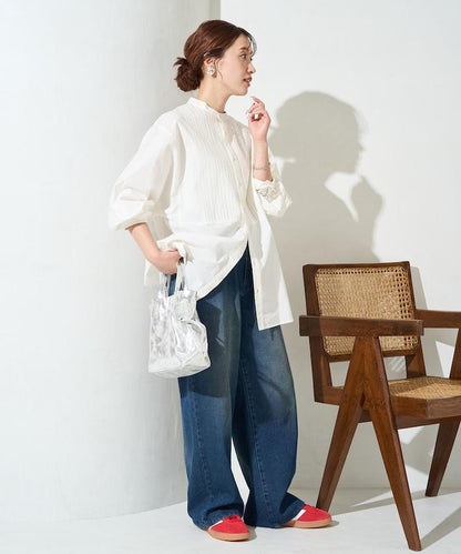 打褶寬鬆紐扣長袖襯衫