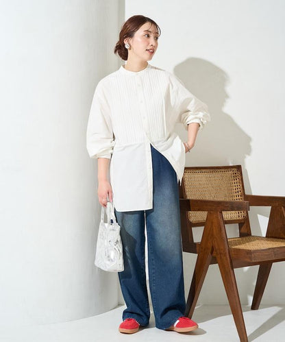 打褶寬鬆紐扣長袖襯衫