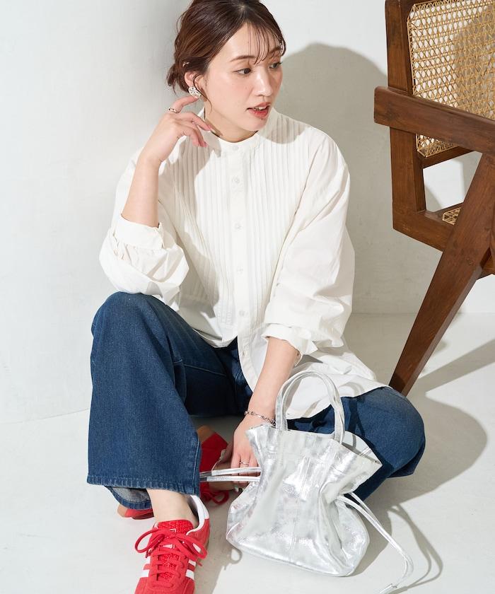 打褶寬鬆紐扣長袖襯衫