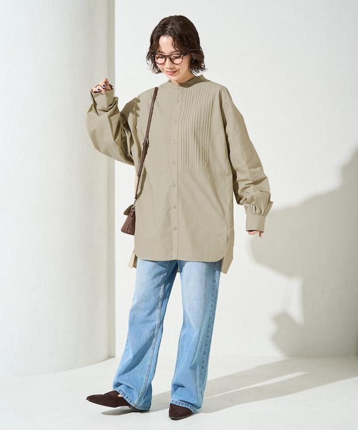 打褶寬鬆紐扣長袖襯衫