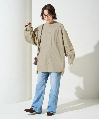 打褶寬鬆紐扣長袖襯衫