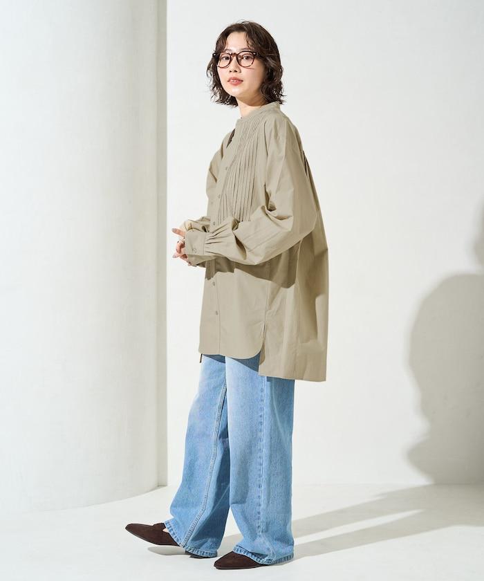 打褶寬鬆紐扣長袖襯衫