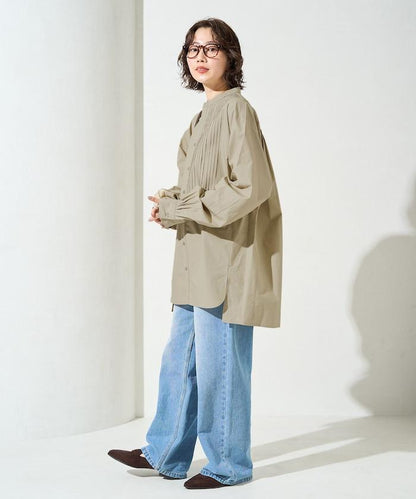 打褶寬鬆紐扣長袖襯衫