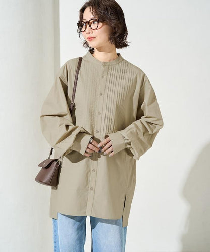 打褶寬鬆紐扣長袖襯衫