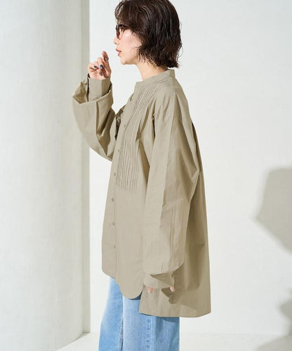 打褶寬鬆紐扣長袖襯衫