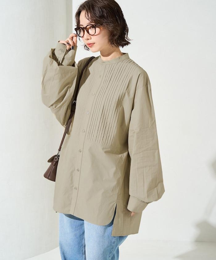 打褶寬鬆紐扣長袖襯衫