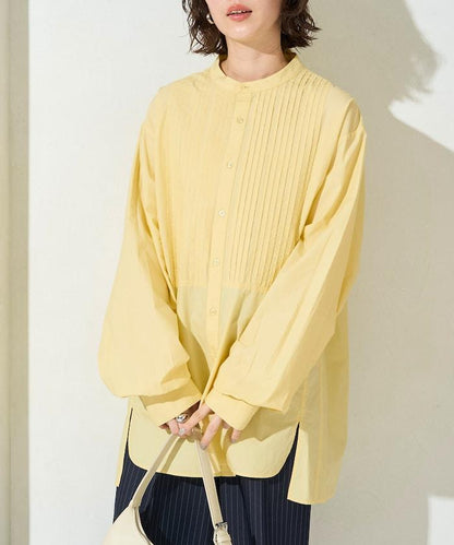 打褶寬鬆紐扣長袖襯衫