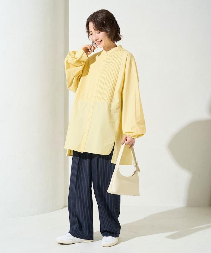 打褶寬鬆紐扣長袖襯衫