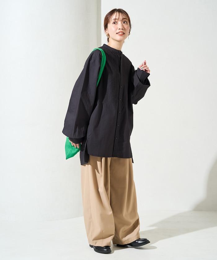 打褶寬鬆紐扣長袖襯衫