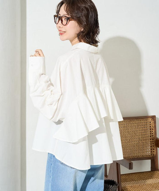 後荷葉邊 短款長袖 襯衫