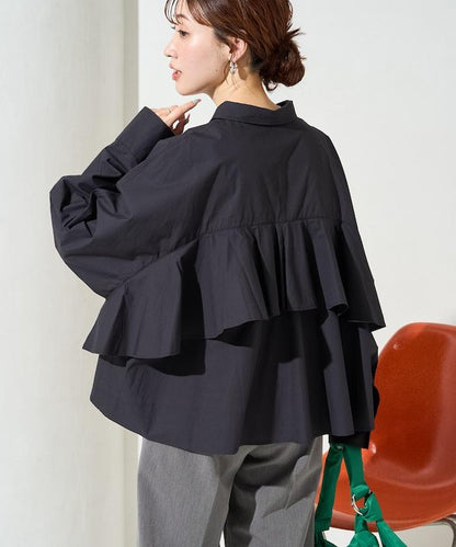 後荷葉邊 短款長袖 襯衫