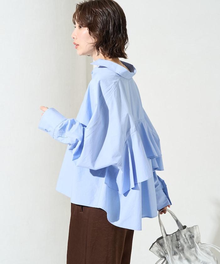 後荷葉邊 短款長袖 襯衫