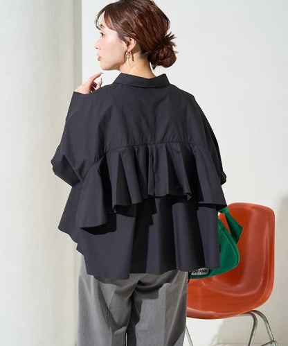 後荷葉邊 短款長袖 襯衫