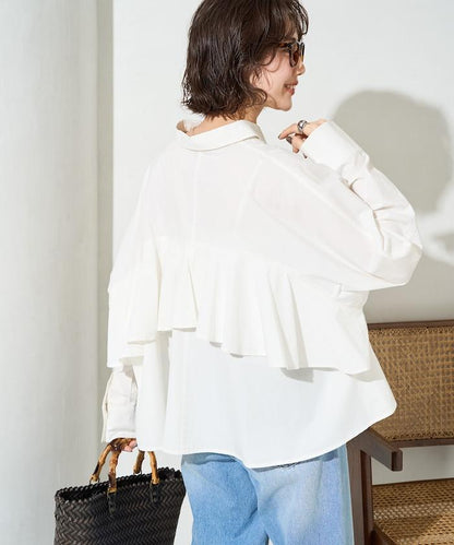 後荷葉邊 短款長袖 襯衫