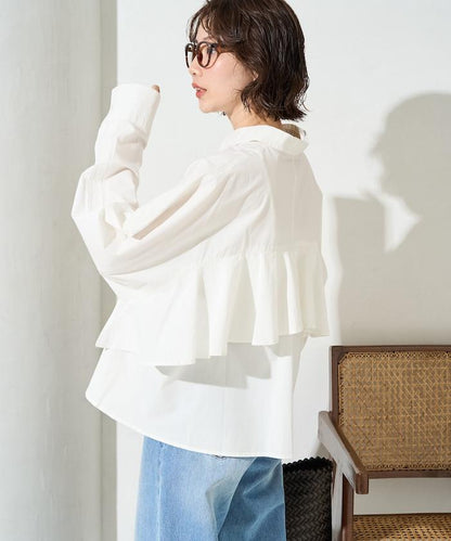 後荷葉邊 短款長袖 襯衫