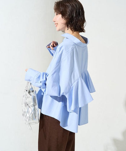 後荷葉邊 短款長袖 襯衫
